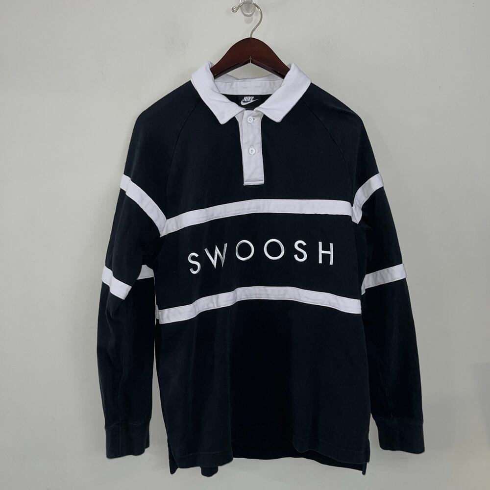 Nike Sportswear “Swoosh” Black / White Long Sleeve Polo Rugby Size M (0687)